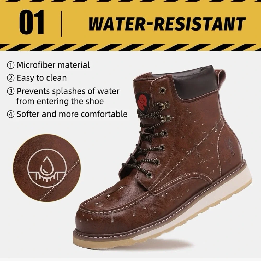 Brown Lace-Up 8.5  Toe Work Boots, Non-Slip Sole, Water-Resistant safety shoes